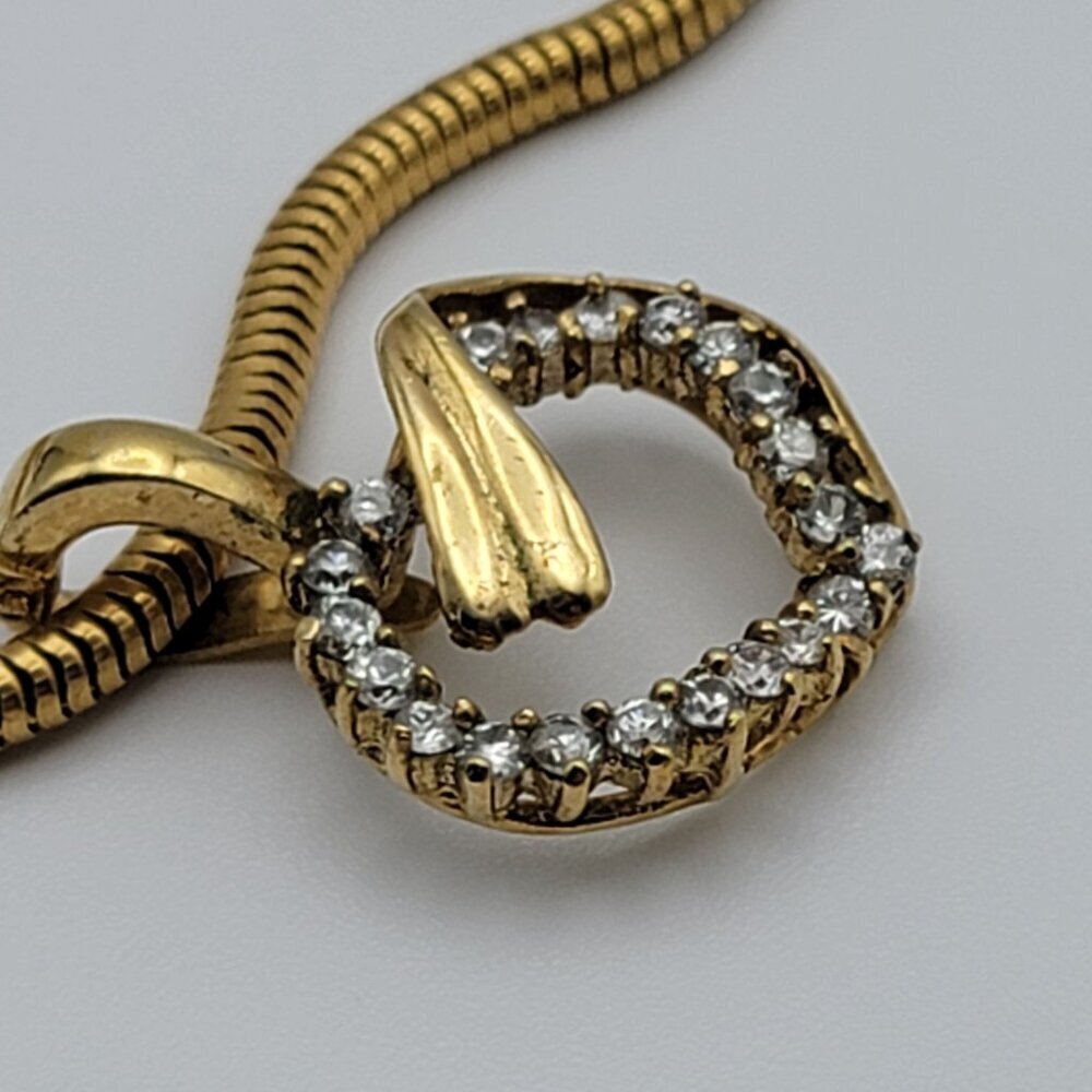 Vtg. Gold Plated CZ Heart Pendant Necklace 18 In Spring Ring Clasp Snake Chain - Picture 6 of 10